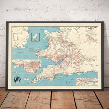 Alte Karte der Great Western Railway, 1950 - Vor den Beeching-Kürzungen GWR - Hauptlinien, Südwales, Westland, Paddington 