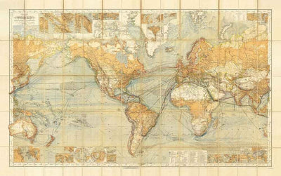 Old Shipping Lanes World Map, 1873 by Berghaus - Giant Atlas Chart - Sea Transport, Railroads, Harbours, Steamers