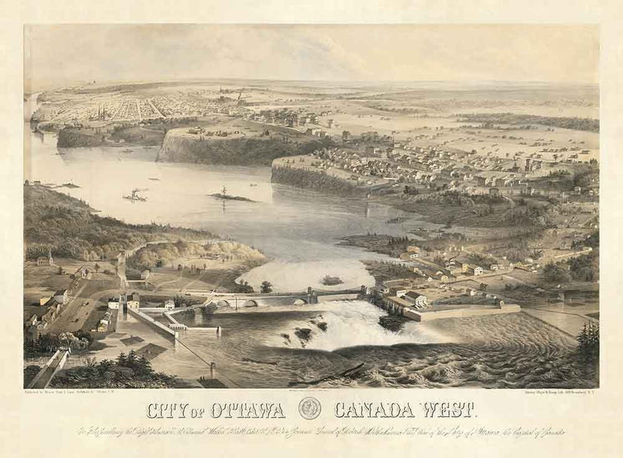 Mappa Antica di Ottawa, 1859 di Laver & Stent - Capitale Coloniale del Canada - Hull Quebec, Centro, Bytown, Mercato di Byward 