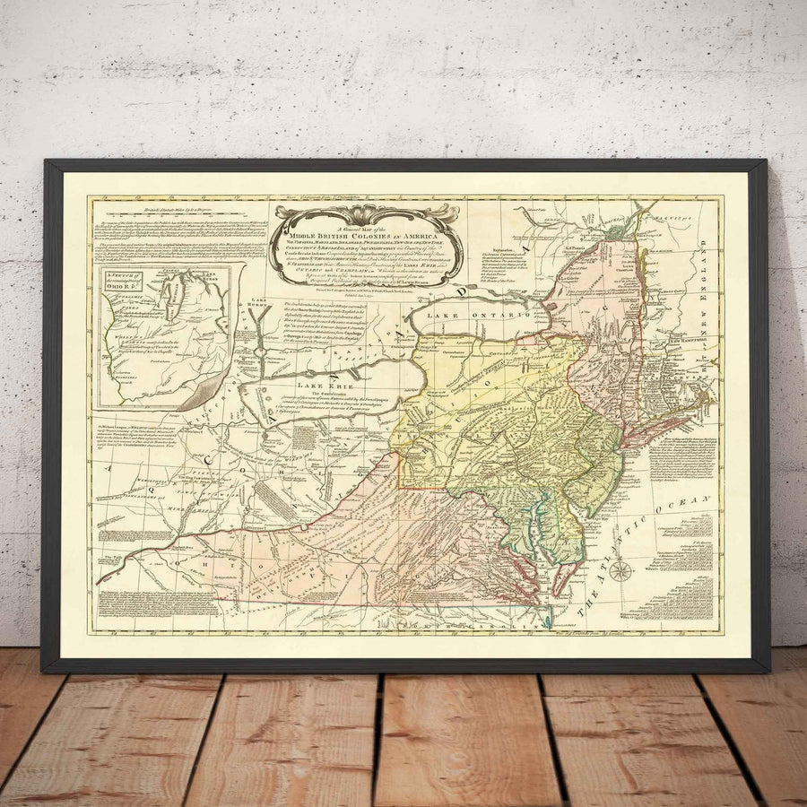 Mappa antica delle colonie britanniche in America 1755 di Evans & Bowles - Insediamenti europei e nativi, USA pre-indipendenza 