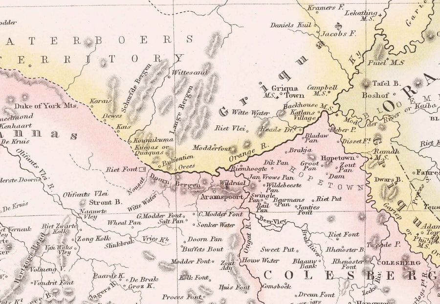 Vecchia mappa del Sudafrica, 1860 - Colonia britannica e olandese del Capo - Durban, Pretoria, Città del Capo, Botswana, Namibia 
