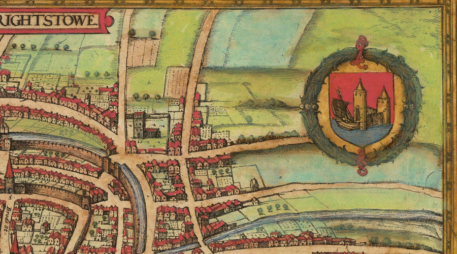Mappa antica di Bristol, 1588 di Braun - Brightstowe, Avon, San Nicola, Newgate, Stemma 