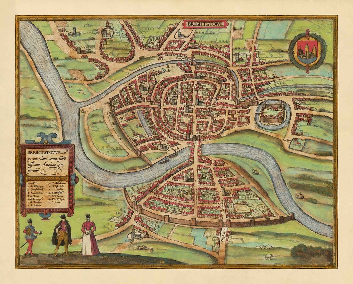 Old Map of Bristol, 1588 by Braun - Brightstowe, Avon, St Nicholas, Newgate, Coat of Arms