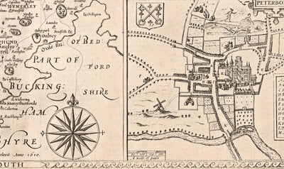 Old Monochrome Map of Northamptonshire, 1611 by John Speed - Northampton, Kettering, Peterborough, Corby, Stamford, Brackley