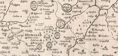 Old Monochrome Map of Leicestershire, 1611 by John Speed - Leicester, Loughborough, Hinckley, Wigston, Melton Mowbray