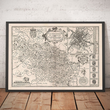 Old Monochrome Map of West Yorkshire, 1611 par John Speed ​​- York, Bradford, Sheffield, Leeds, Huddersfield, Harrogate, Skipton