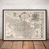 Antiguo mapa monocromo de West Yorkshire, 1611 por John Speed - York, Bradford, Sheffield, Leeds, Huddersfield, Harrogate, Skipton
