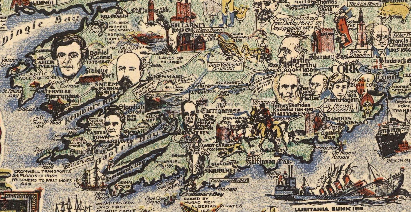Story Map of Ireland, 1936 - Old Pictorial Chart of Eire - Historical Figures, Dublin, Cork, Belfast, Bernard Shaw
