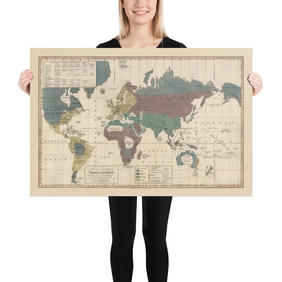 Mappa Politica Mondiale Antica, 1828 - Credenze Religiose Storiche, Governo, Livello di Civiltà, Barbari e Selvaggi 