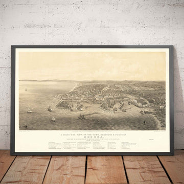 Alte Karte von Odessa, Ukraine, 1855 - Schwarzmeerhafenstadt - Festungen, Zitadelle, Stadtzentrum - Vogelperspektive-Illustration 