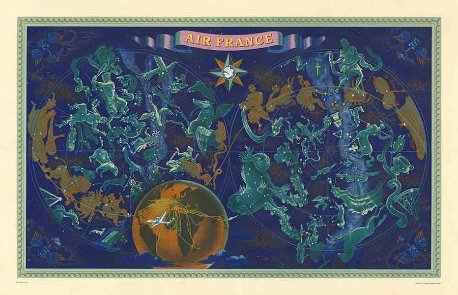 Mappa del mondo Celeste e Zodiacale della vecchia Air France, 1959 di Bucher - Carta storica delle rotte aeree, Costellazioni 