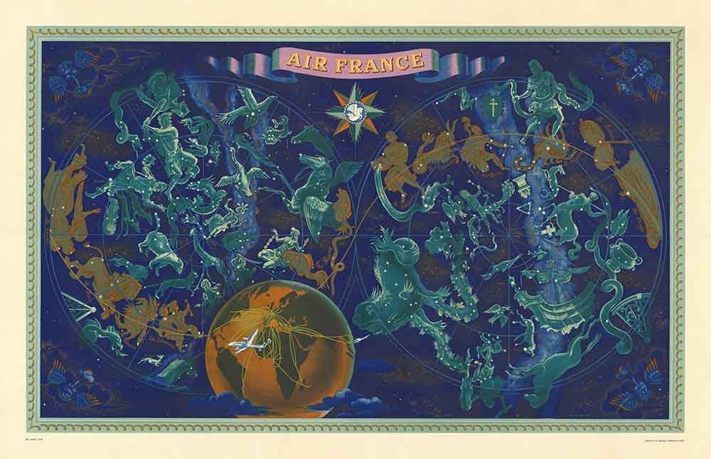 Old Air France Celestial & Zodiac World Map, 1959 by Bucher - Historical Airplane Route Chart, Constellations