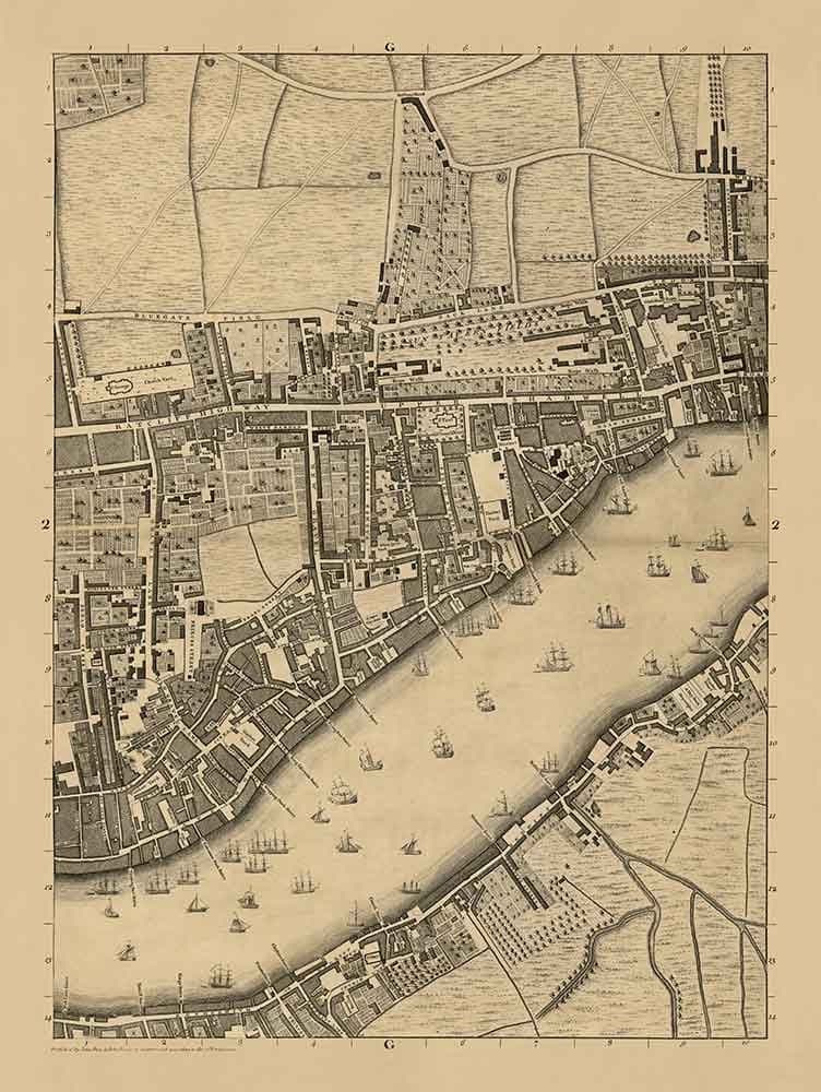 Mappa antica di John Rocque Londra, 1746, G2 - Wapping, Shadwell, Rotherhithe, Tamigi, Tower Hamlets, E1W, Southwark 