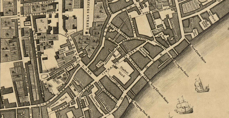 Mappa antica di John Rocque Londra, 1746, G2 - Wapping, Shadwell, Rotherhithe, Tamigi, Tower Hamlets, E1W, Southwark 