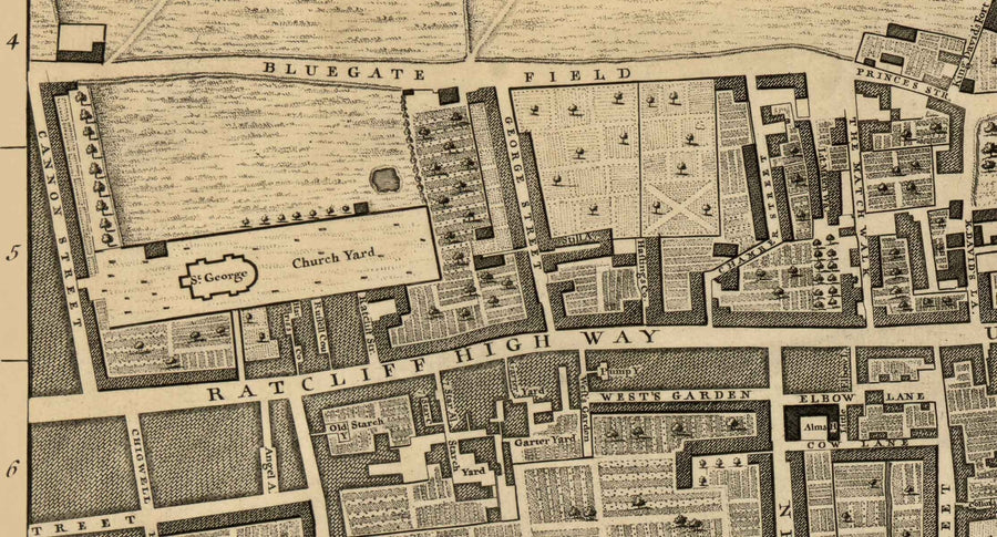 Mappa antica di John Rocque Londra, 1746, G2 - Wapping, Shadwell, Rotherhithe, Tamigi, Tower Hamlets, E1W, Southwark 