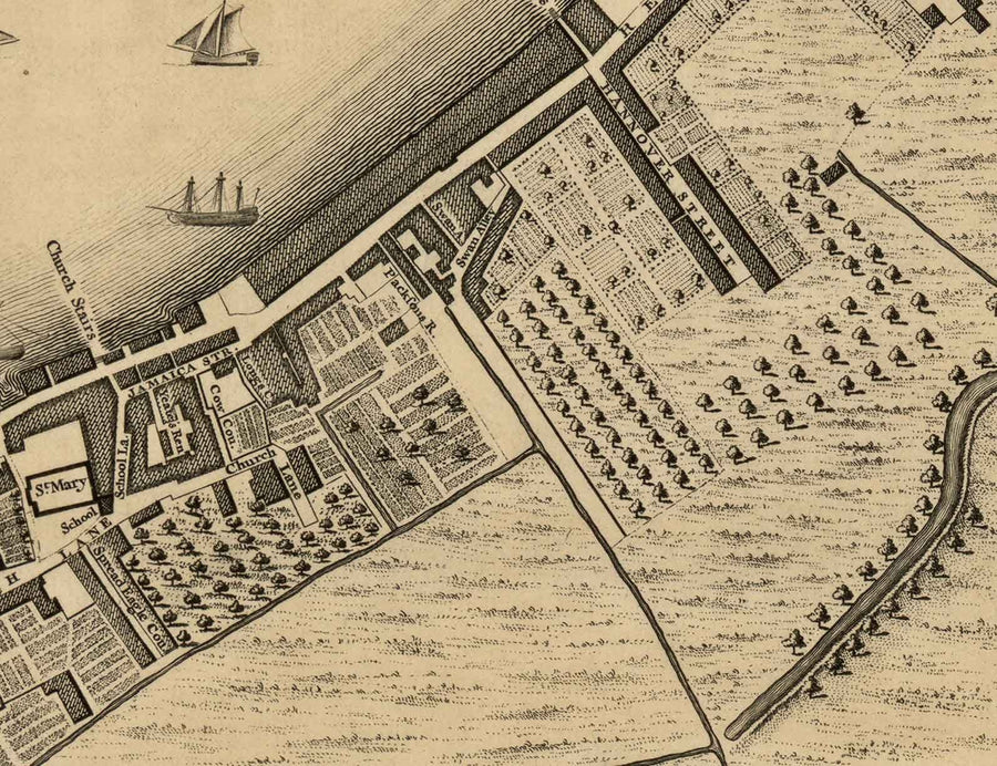 Mappa antica di John Rocque Londra, 1746, G2 - Wapping, Shadwell, Rotherhithe, Tamigi, Tower Hamlets, E1W, Southwark 