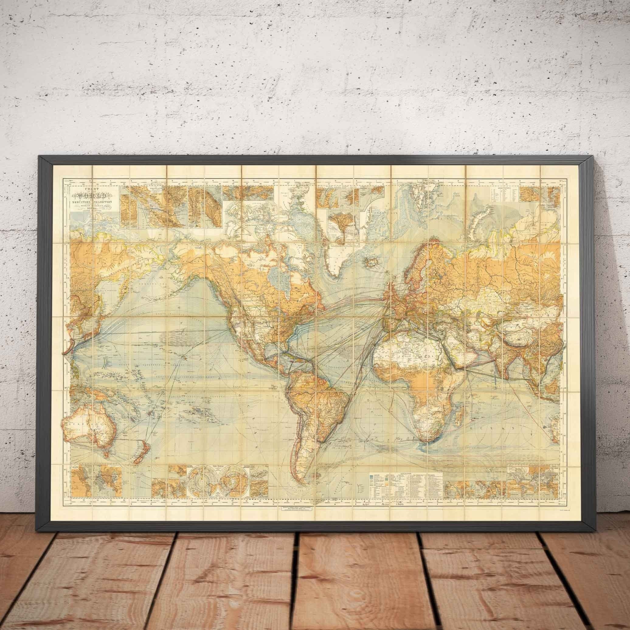 Old Shipping Lanes World Map, 1873 by Berghaus - Giant Atlas Chart - S ...