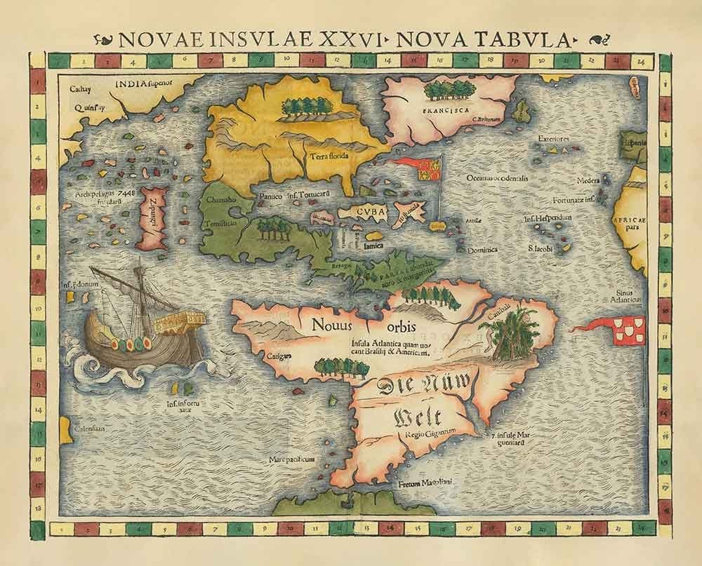 Old North & South America Map, 1544 by Munster - First Printed Atlas of the Americas - USA, Mexico, Pre-Colonisation