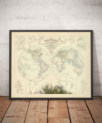 Alte Weltkarte, 1872 von Fullarton - Viktorianischer Doppel-Hemisphären-Projektionsatlas, Flüsse, Berge (Kein Everest!) 