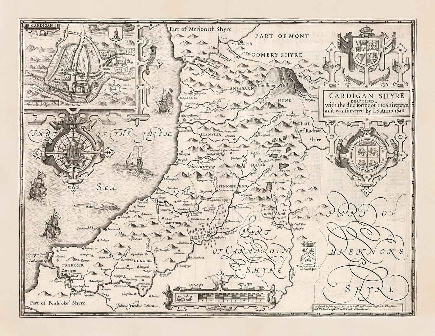 Old Monochrome Map of Ceredigion, Wales, 1611 by John Speed - Aberystwyth, Cardigan, Aberporth, Aberarth