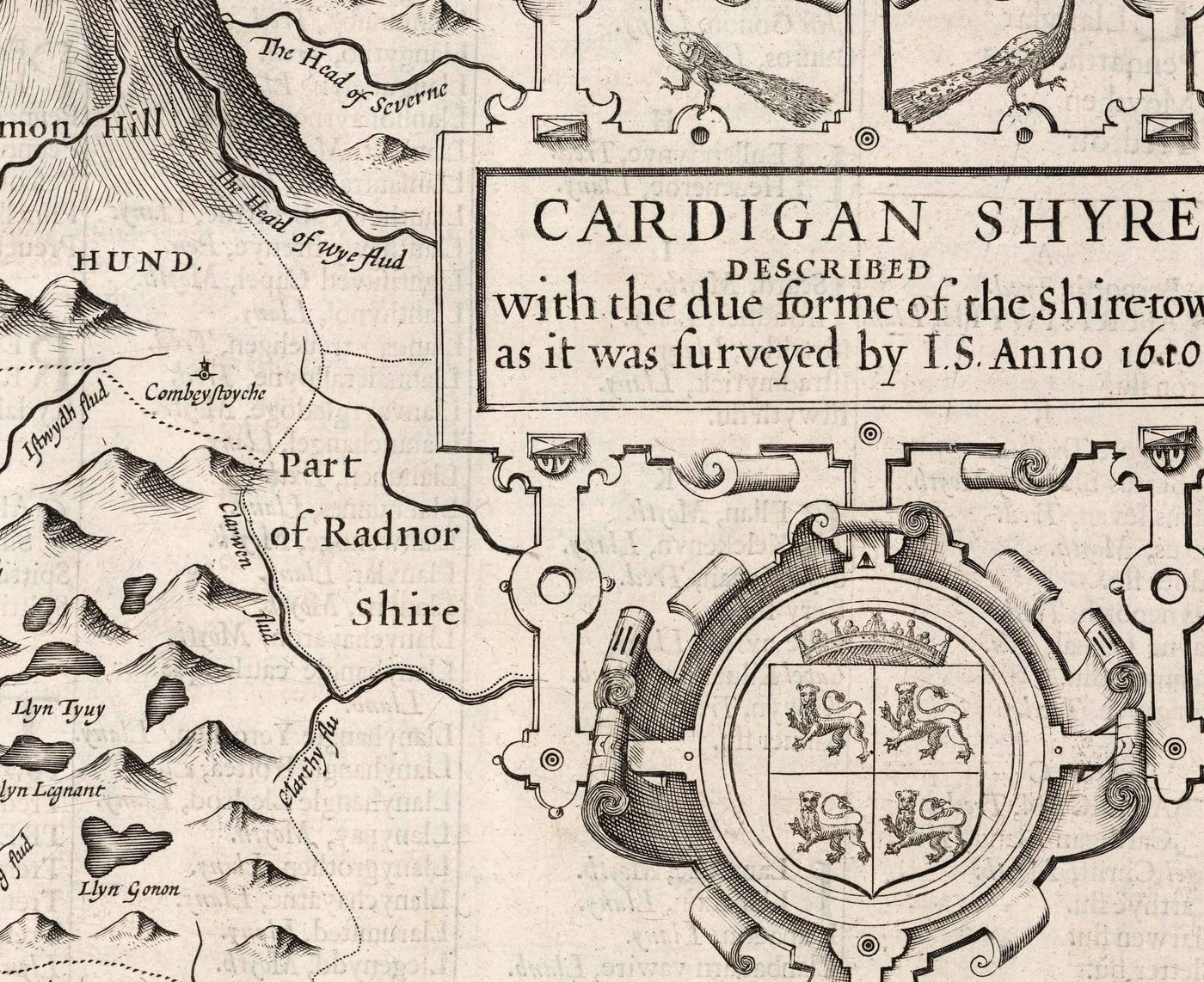 Old Monochrome Map of Ceredigion, Wales, 1611 by John Speed - Aberystwyth, Cardigan, Aberporth, Aberarth