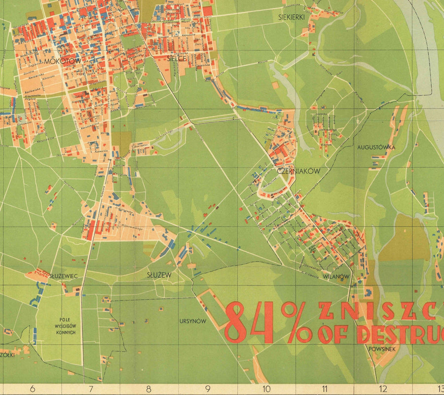 Old Map of the Nazi Destruction of Warsaw, 1949 - Censored Soviet WW2 Chart - Old Town, Ghetto, Muranow, Praga