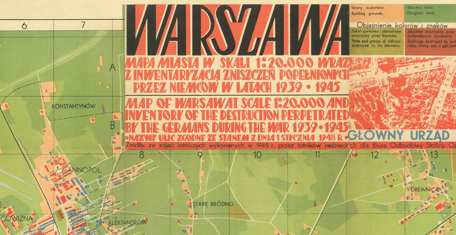 Old Map of the Nazi Destruction of Warsaw, 1949 - Censored Soviet WW2 Chart - Old Town, Ghetto, Muranow, Praga