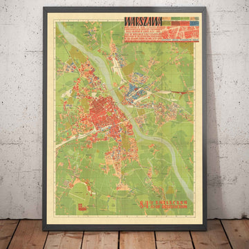 Antiguo mapa de la destrucción nazi de Varsovia, 1949 - Gráfico soviético censurado de la Segunda Guerra Mundial - Ciudad Vieja, Gueto, Muranow, Praga