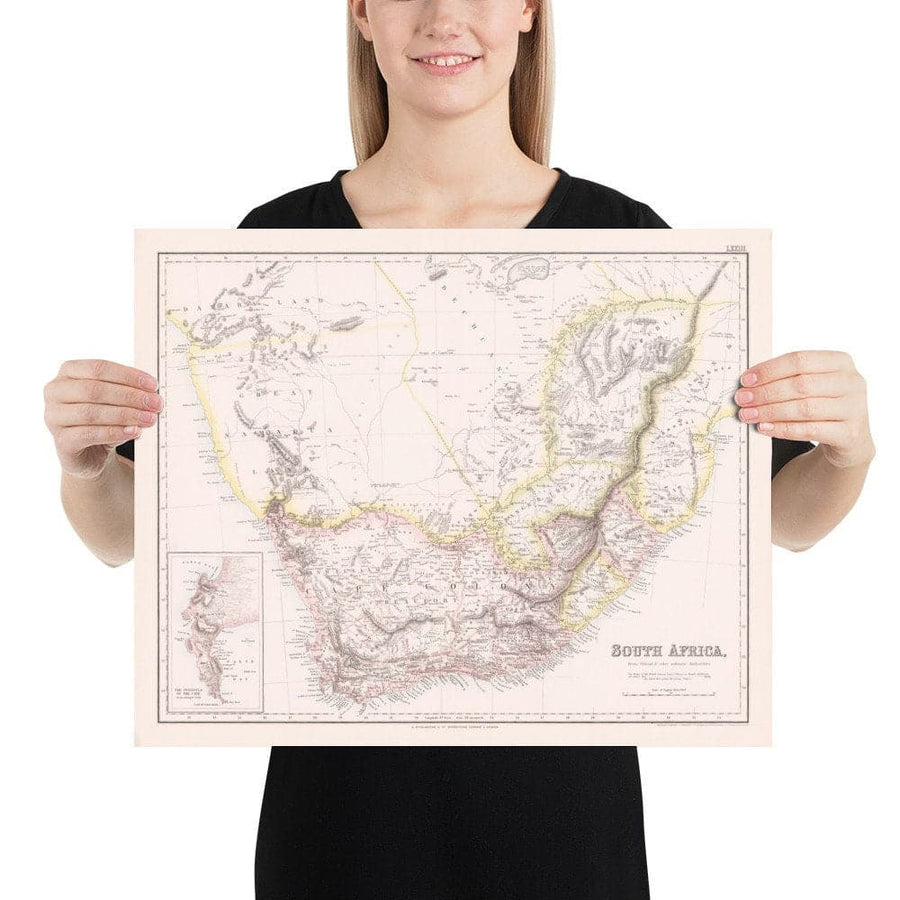 Vecchia mappa del Sudafrica, 1860 - Colonia britannica e olandese del Capo - Durban, Pretoria, Città del Capo, Botswana, Namibia 