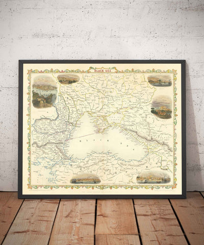 Old Map of the Black Sea, 1854 - Crimean War, Russia, Ukraine, Europe, Ottoman Empire, Turkey, Balkans, Greece
