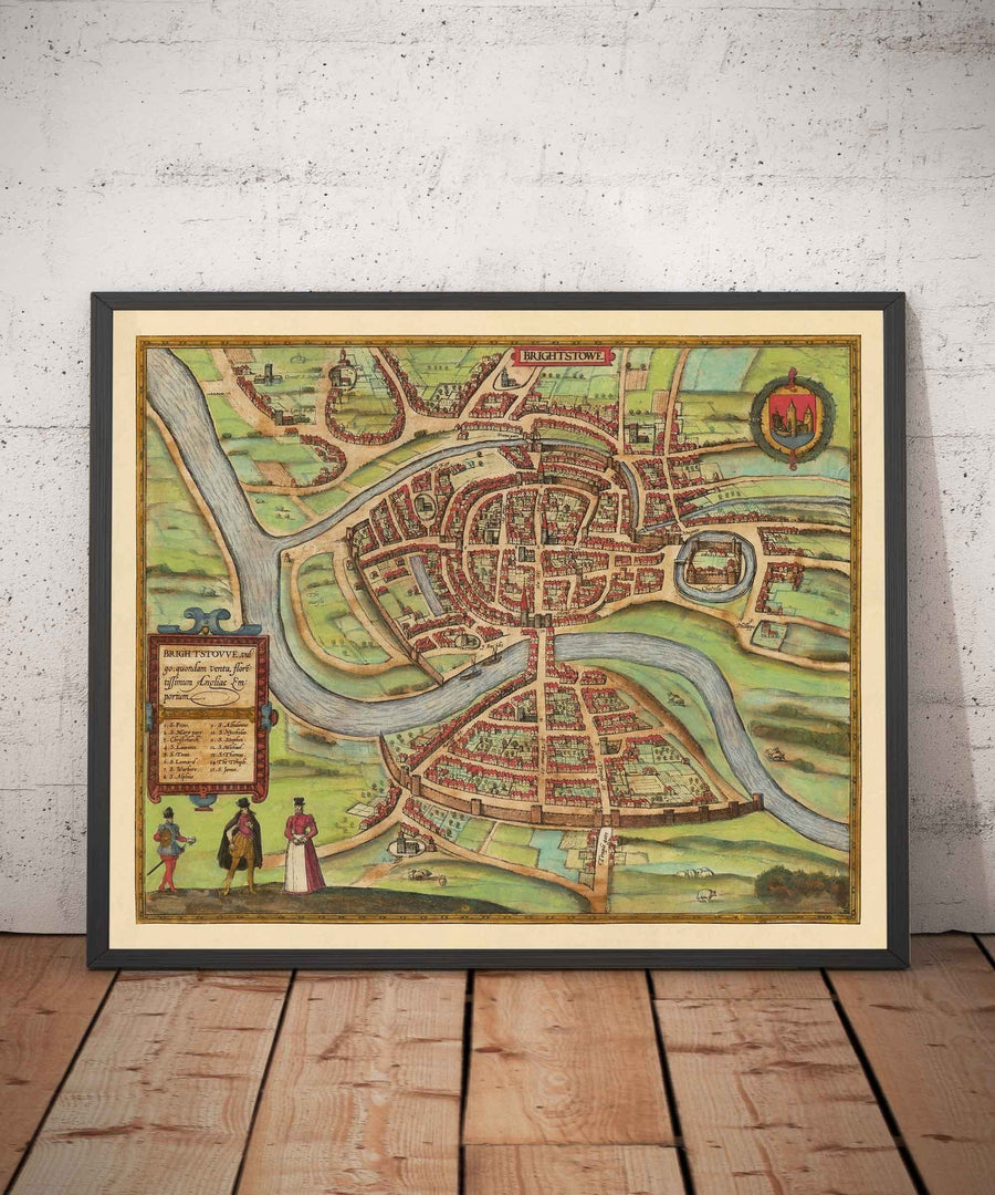 Mappa antica di Bristol, 1588 di Braun - Brightstowe, Avon, San Nicola, Newgate, Stemma 