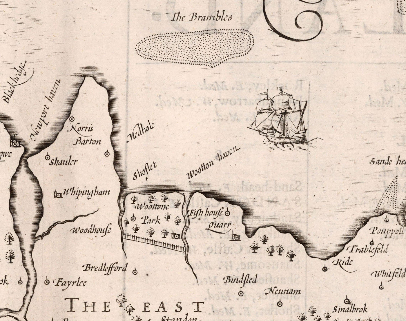 Old Monochrome Map of Isle of Wight, 1611 by John Speed - Newport, Ride, Cowes, Sandown, Shanklin, Southampton