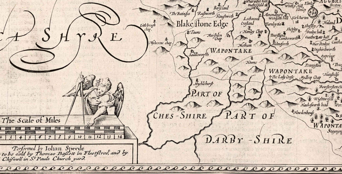 Old Monochrome Map of West Yorkshire, 1611 by John Speed - York, Bradford, Sheffield, Leeds, Huddersfield, Harrogate, Skipton