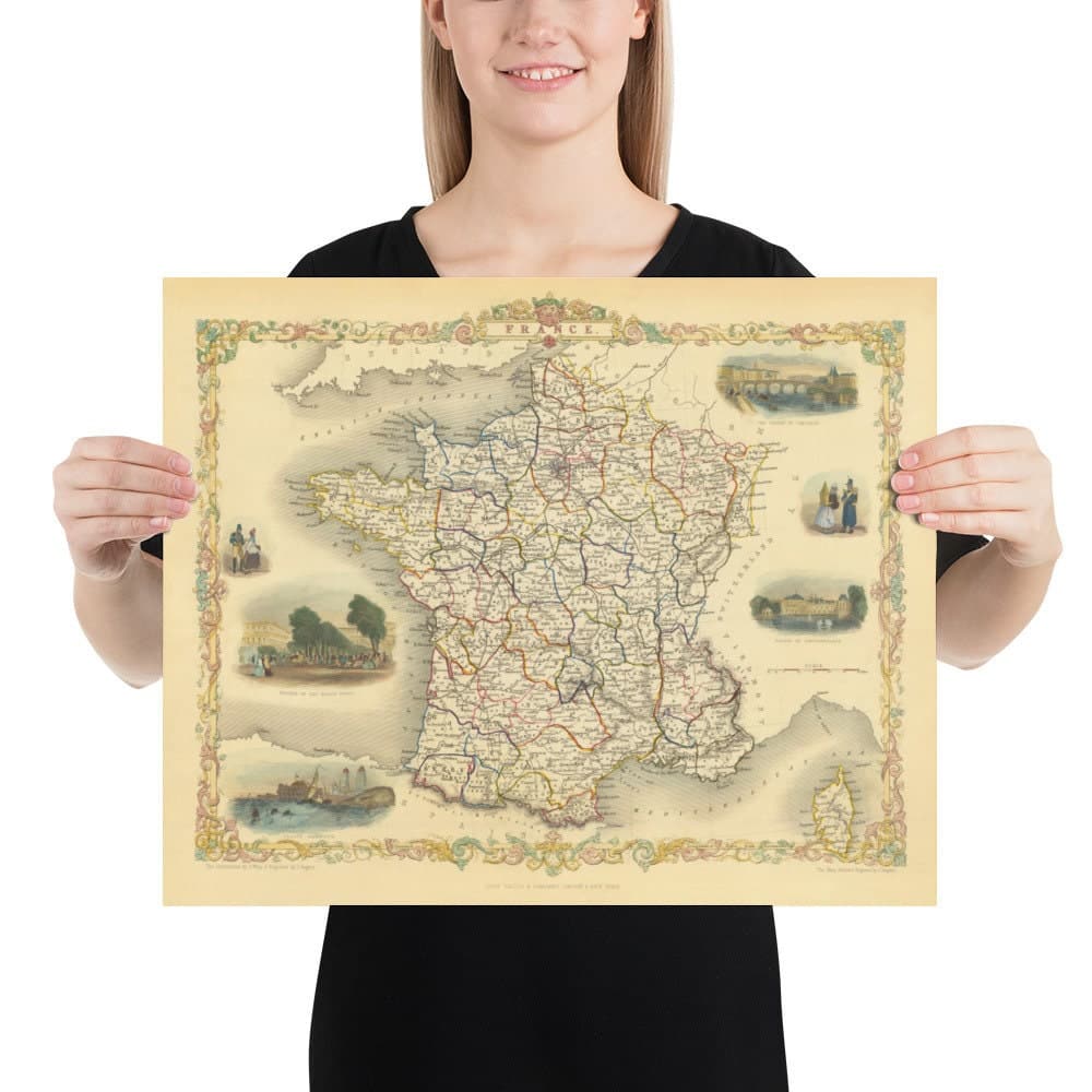 Old Map of France, 1851 by Tallis & Rapkin - Paris, Calais, Toulouse, Nice, Bordeaux, Departments & Counties