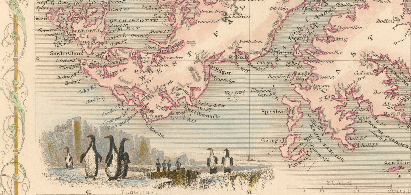 Old Map Falkland Islands & Patagonia, 1851 - South America, Cape Horn, Malvinas, Tierra del Fuego, British Empire