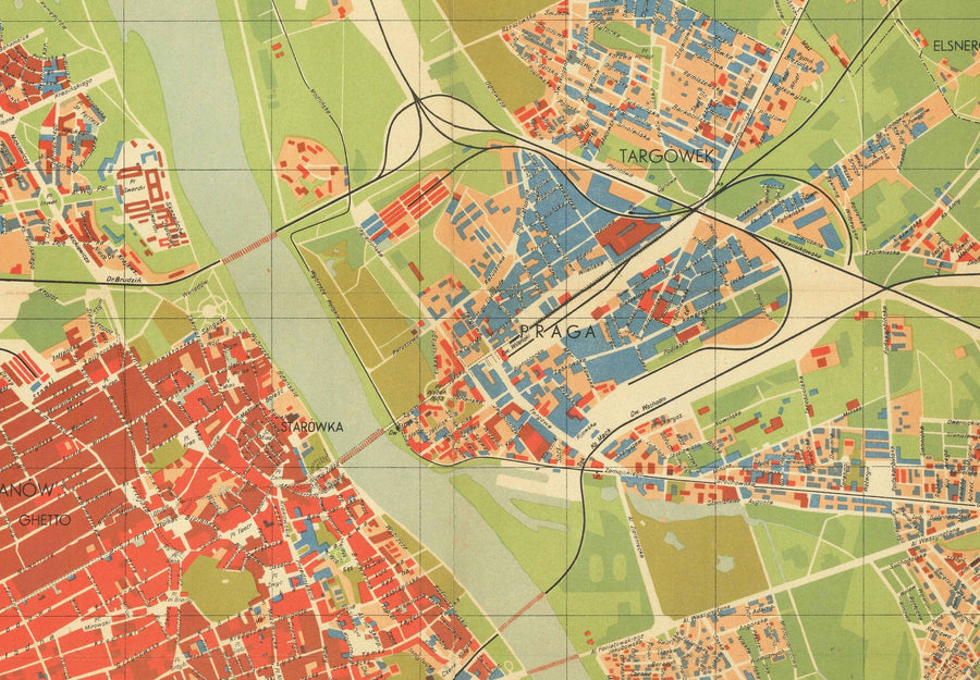Old Map of the Nazi Destruction of Warsaw, 1949 - Censored Soviet WW2 Chart - Old Town, Ghetto, Muranow, Praga