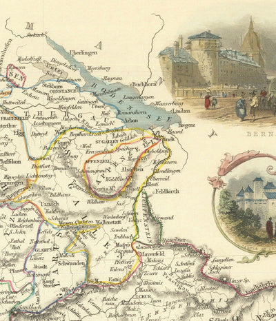 Old Handcoloured Map of Switzerland, 1851 - Bern, Zurich, Cantons, Geneva, Lakes, Zermatt, William Tell