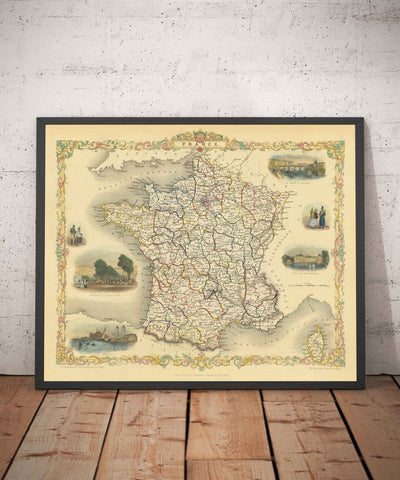Old Map of France, 1851 by Tallis & Rapkin - Paris, Calais, Toulouse, Nice, Bordeaux, Departments & Counties