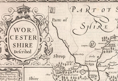 Old Monochrome Map of Worcestershire, 1611 by John Speed - Worcester, Bromsgrove, Kidderminster, Malvern, Droitwich