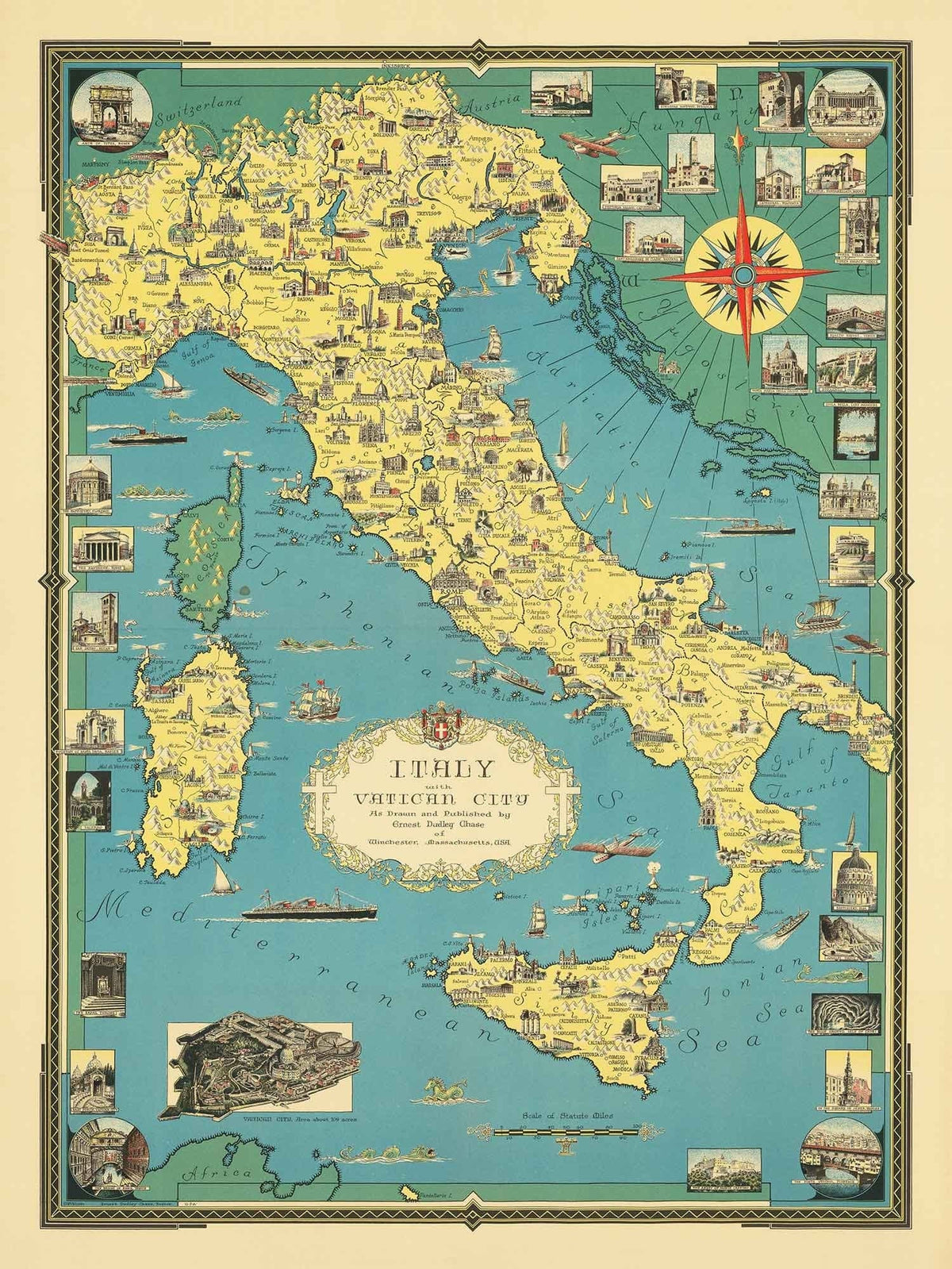 Alter bildlicher Atlas von Italien, 1935 von E. Chase - Illustrierte Wahrzeichen, Vatikan, Venedig, Florenz, Rom, Sardinien 