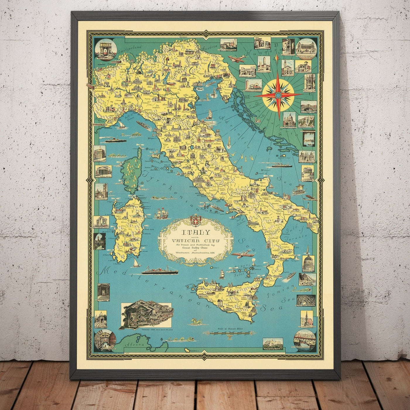 Old Pictorial Map of Italy, 1935 by E. Chase - Illustrated Landmarks, Vatican, Venice, Florence, Rome, Sardinia