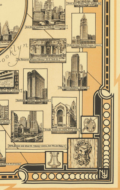 Old Pictorial Map of Manhattan & The Bronx, 1939 by E. Chase - Landmarks, Skyscrapers, Hudson River