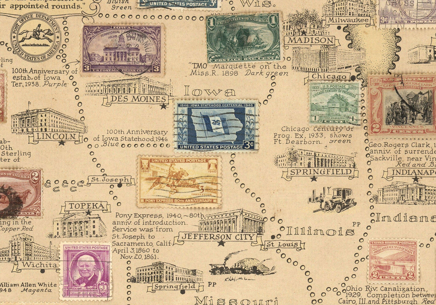Old Stamp Map of the USA by E. Chase, 1949 - Historical United States Post Office - Presidents, Landmarks, Collector