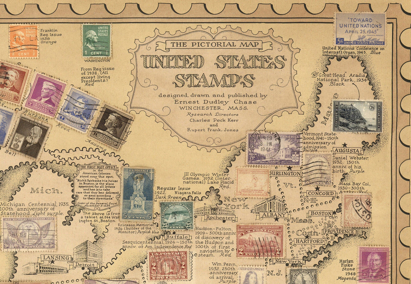 Old Stamp Map of the USA by E. Chase, 1949 - Historical United States Post Office - Presidents, Landmarks, Collector