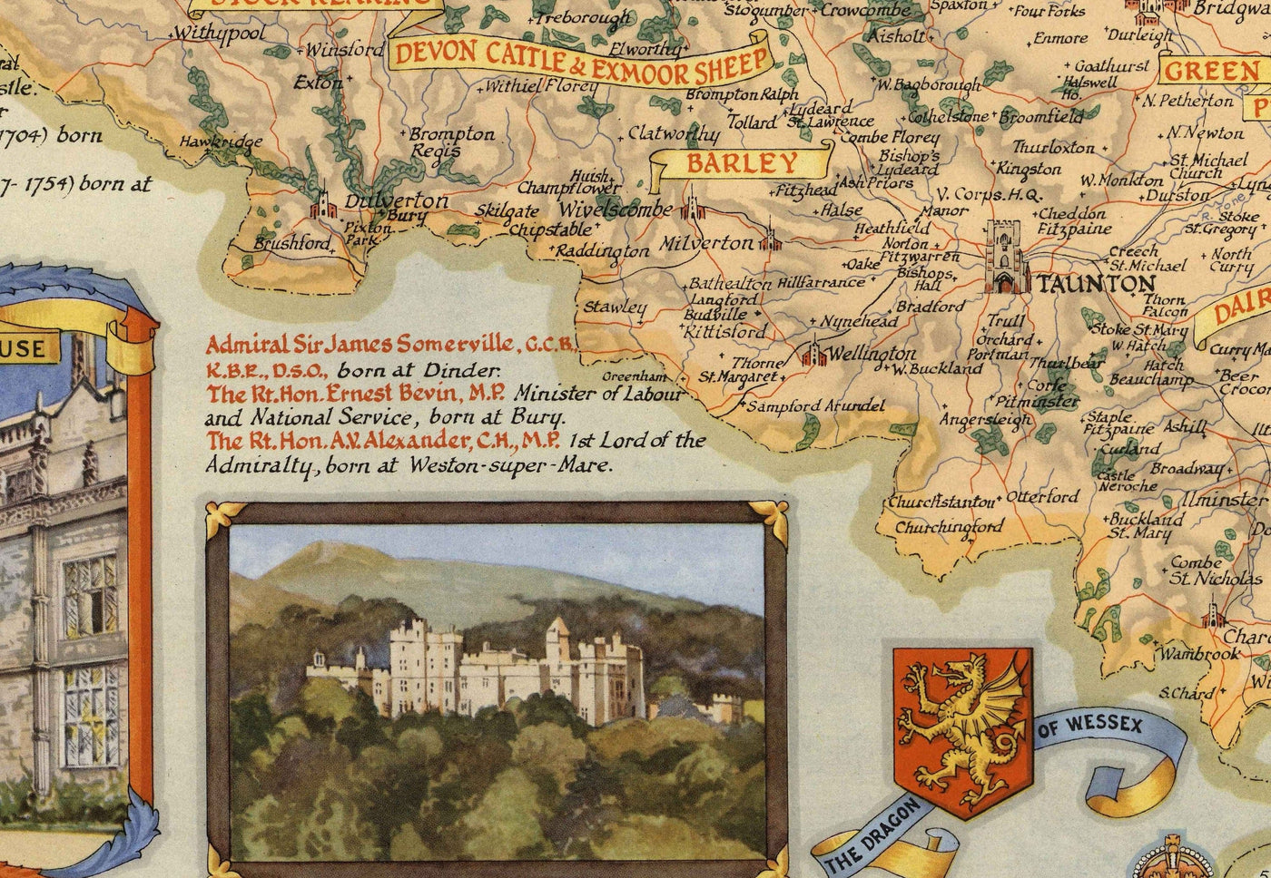 Old Map of Somerset by Ernest Clegg, 1946 - Bath, Wells, Landmarks, World War 2, West Country, Winston Churchill