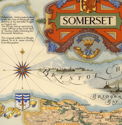 Old Map of Somerset by Ernest Clegg, 1946 - Bath, Wells, Landmarks, World War 2, West Country, Winston Churchill