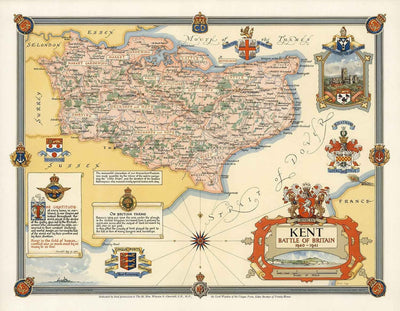 Old Map of Kent by Ernest Clegg, 1947 - Canterbury, World War 2, Churchill, Battle of Britain, Dover, Sevenoaks