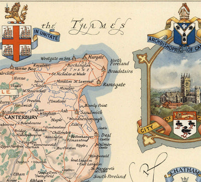 Old Map of Kent by Ernest Clegg, 1947 - Canterbury, World War 2, Churchill, Battle of Britain, Dover, Sevenoaks
