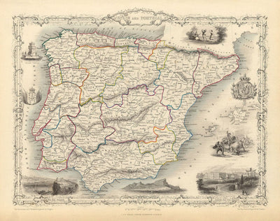 Old Map of Spain & Portugal, 1851 - Victorian Illustrations - Catalonia, Madrid, Lisbon, Gibraltar, Andalusia