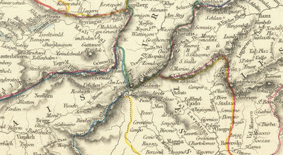 Old Handcoloured Map of Switzerland, 1851 - Bern, Zurich, Cantons, Geneva, Lakes, Zermatt, William Tell